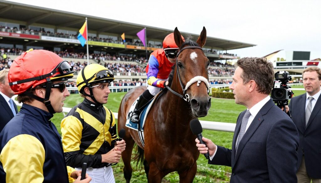 A bustling racetrack scene capturing live horse racing coverage. In the foreground, a group of elegantly dressed jockeys in colorful silks is being interviewed by a professional journalist in a smart suit, holding a microphone. Their expressions reflect excitement and determination. In the middle ground, a sleek thoroughbred with a shiny coat wide-eyed and energetic is being led past the camera by a focused trainer, who is attentively discussing the horse's performance. The background features a vibrant racecourse filled with cheering spectators, colorful banners fluttering in the breeze, and the grandstand under bright, natural daylight. A hint of motion blur captures the thrill of the event while the atmosphere is charged with anticipation and enthusiasm for the day's races. A bustling racetrack scene capturing live horse racing coverage. In the foreground, a group of elegantly dressed jockeys in colorful silks is being interviewed by a professional journalist in a smart suit, holding a microphone. Their expressions reflect excitement and determination. In the middle ground, a sleek thoroughbred with a shiny coat wide-eyed and energetic is being led past the camera by a focused trainer, who is attentively discussing the horse's performance. The background features a vibrant racecourse filled with cheering spectators, colorful banners fluttering in the breeze, and the grandstand under bright, natural daylight. A hint of motion blur captures the thrill of the event while the atmosphere is charged with anticipation and enthusiasm for the day's races.