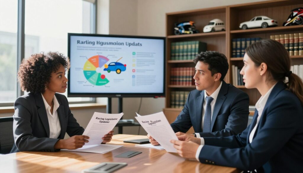 A conference room setting illuminated by natural light streaming through large windows, casting soft shadows across a polished wooden table. In the foreground, a diverse group of three professionals dressed in business attire—one Black woman, one Hispanic man, and one Caucasian woman—are engaged in a discussion, showing intent expressions as they examine a series of documents labeled “Racing Legislation Updates.” In the middle ground, a digital display screen prominently features a colorful infographic summarizing key legal changes in racing. The background contains bookshelves filled with legal texts and racing memorabilia, enhancing the atmosphere of expertise and authority. The overall mood is serious yet collaborative, with a sense of urgency and professionalism as the experts navigate the complexities of shifting regulations.