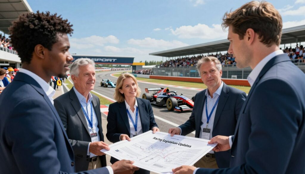 A dynamic and engaging depiction of the racing community adapting to recent legislative updates. In the foreground, a diverse group of four professionals, dressed in smart business attire, are engaged in discussion over a large blueprint labeled "Racing Legislation Updates". They appear focused and collaborative. In the middle ground, sleek race cars on a modern racetrack illustrate the impact of these legislative changes, with a bright blue sky above. The background features a vibrant racetrack surrounded by enthusiastic spectators, their expressions reflecting anticipation. The lighting is bright and optimistic, conveying a sense of hope and progress. The angle captures both the intensity of the professionals and the lively atmosphere of the racetrack, creating an inspiring and informative visual.