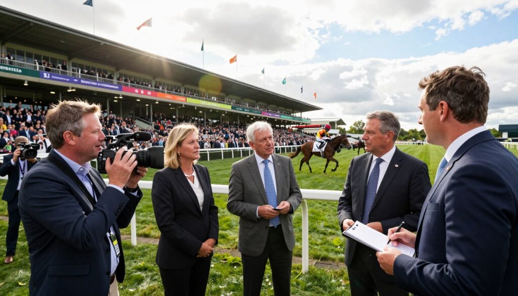 A dynamic and engaging scene depicting a bustling horse racing event. In the foreground, a group of professionals in business attire, including a journalist with a camera and an interviewer with a notepad, are actively engaging with a seasoned jockey and a horse trainer, exchanging insights. The middle ground features a vibrant racetrack filled with excited spectators and a grandstand adorned with colorful banners and flags, creating a lively atmosphere. The background showcases a sunny sky with floating clouds, enhancing the energy of the event. Use soft, natural lighting with a slight lens flare to create a warm, inviting mood. Capture the excitement and professionalism of the horse racing world, emphasizing the importance of exclusive insights from key players and experts without any text or overlays. A dynamic and engaging scene depicting a bustling horse racing event. In the foreground, a group of professionals in business attire, including a journalist with a camera and an interviewer with a notepad, are actively engaging with a seasoned jockey and a horse trainer, exchanging insights. The middle ground features a vibrant racetrack filled with excited spectators and a grandstand adorned with colorful banners and flags, creating a lively atmosphere. The background showcases a sunny sky with floating clouds, enhancing the energy of the event. Use soft, natural lighting with a slight lens flare to create a warm, inviting mood. Capture the excitement and professionalism of the horse racing world, emphasizing the importance of exclusive insights from key players and experts without any text or overlays.