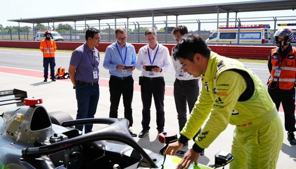 A dynamic racing scene focused on safety measures, featuring a professional race car driver in high-visibility racing gear, inspecting a car with advanced safety features in the foreground. In the middle, a group of engineers in business casual attire discuss new safety technologies and regulations, surrounded by measuring equipment and safety gear. The background showcases a racetrack filled with safety barriers, emergency vehicles, and medical staff on standby. Bright, clear daylight enhances the scene, with a lens perspective that captures both the excitement and professionalism of racing safety. The overall atmosphere is one of vigilance and innovation, emphasizing the importance of safety in the racing industry. A dynamic racing scene focused on safety measures, featuring a professional race car driver in high-visibility racing gear, inspecting a car with advanced safety features in the foreground. In the middle, a group of engineers in business casual attire discuss new safety technologies and regulations, surrounded by measuring equipment and safety gear. The background showcases a racetrack filled with safety barriers, emergency vehicles, and medical staff on standby. Bright, clear daylight enhances the scene, with a lens perspective that captures both the excitement and professionalism of racing safety. The overall atmosphere is one of vigilance and innovation, emphasizing the importance of safety in the racing industry.