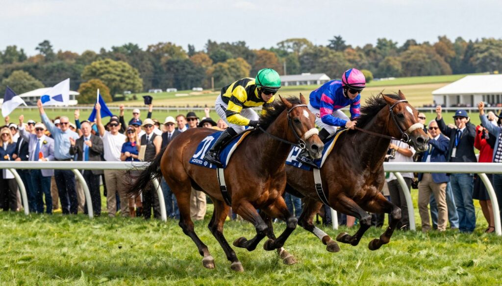 A dynamic scene capturing the excitement of a horse race in a vibrant outdoor setting. In the foreground, a close-up of two magnificent racehorses galloping at full speed, their muscles rippling and manes flowing in the wind, riders in colorful silks focused and determined. The middle ground features a cheering crowd, a mix of enthusiastic spectators dressed in a blend of smart casual and professional attire, waving flags and banners in support of their favorites. In the background, a racetrack adorned with lush greenery and distant grandstands under bright, clear skies, bathing the scene in warm sunlight. The atmosphere is charged with energy and anticipation, reflecting the thrill of major races and their outcomes. Use a wide-angle lens to capture the motion, with a shallow depth of field highlighting the horses in sharp focus while slightly blurring the cheering crowd. A dynamic scene capturing the excitement of a horse race in a vibrant outdoor setting. In the foreground, a close-up of two magnificent racehorses galloping at full speed, their muscles rippling and manes flowing in the wind, riders in colorful silks focused and determined. The middle ground features a cheering crowd, a mix of enthusiastic spectators dressed in a blend of smart casual and professional attire, waving flags and banners in support of their favorites. In the background, a racetrack adorned with lush greenery and distant grandstands under bright, clear skies, bathing the scene in warm sunlight. The atmosphere is charged with energy and anticipation, reflecting the thrill of major races and their outcomes. Use a wide-angle lens to capture the motion, with a shallow depth of field highlighting the horses in sharp focus while slightly blurring the cheering crowd.