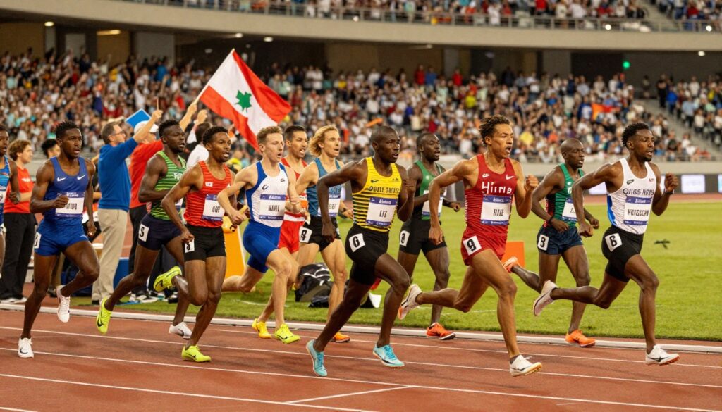 A dynamic scene capturing the excitement of key performances in major races, featuring a diverse group of athletes crossing a finish line with expressions of triumph and surprise. In the foreground, runners in colorful athletic attire are engaged in a fierce sprint, while in the middle ground, cheering fans wave flags, creating a vibrant atmosphere. The background showcases a stadium filled with spectators, bathed in warm golden lighting that highlights the intensity of the moment. The angle is slightly elevated, providing a panoramic view of the event, enhancing the sense of scale and excitement. The scene conveys exhilaration and competition, focusing on the pivotal moments that define race outcomes, while maintaining a professional and inspiring tone. A dynamic scene capturing the excitement of key performances in major races, featuring a diverse group of athletes crossing a finish line with expressions of triumph and surprise. In the foreground, runners in colorful athletic attire are engaged in a fierce sprint, while in the middle ground, cheering fans wave flags, creating a vibrant atmosphere. The background showcases a stadium filled with spectators, bathed in warm golden lighting that highlights the intensity of the moment. The angle is slightly elevated, providing a panoramic view of the event, enhancing the sense of scale and excitement. The scene conveys exhilaration and competition, focusing on the pivotal moments that define race outcomes, while maintaining a professional and inspiring tone.