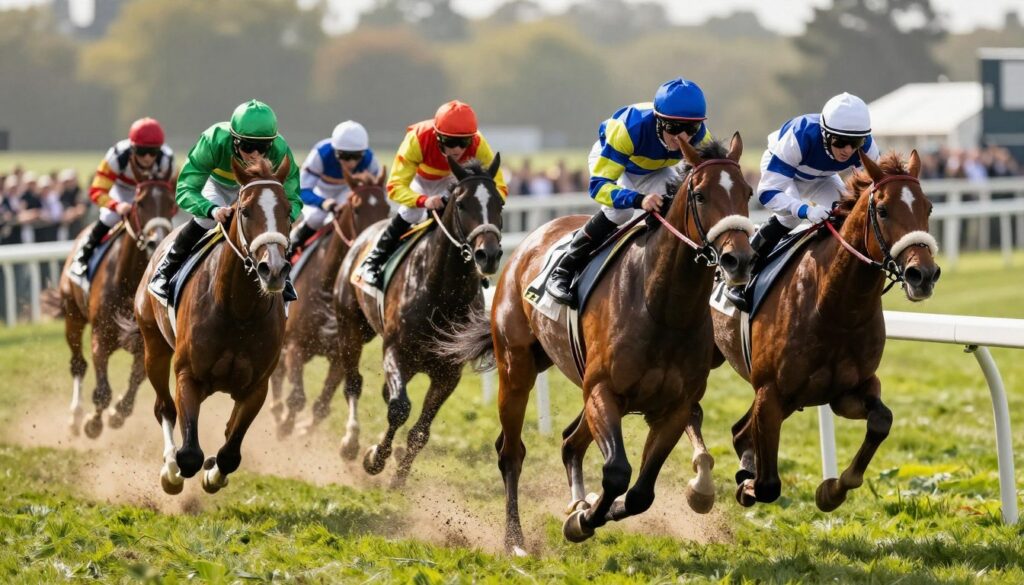 A dynamic scene featuring promising jockeys on horseback, captured during a thrilling race on a sunlit day. In the foreground, two jockeys in vibrant silks, showcasing their determination and skill, are leaning forward as their powerful horses gallop ahead, with dirt and grass kicked up by their hooves. In the middle ground, a group of jockeys competes, displaying tension and excitement, with expressions of focus and ambition on their faces. The background is a blurred racetrack filled with cheering spectators, enhancing the atmosphere of competition and celebration. The lighting is bright and warm, suggesting midday sun, and the angle is slightly low, emphasizing the speed and energy of the race. The mood is exhilarating and inspiring, capturing the essence of rising stars in the sport of horse racing. A dynamic scene featuring promising jockeys on horseback, captured during a thrilling race on a sunlit day. In the foreground, two jockeys in vibrant silks, showcasing their determination and skill, are leaning forward as their powerful horses gallop ahead, with dirt and grass kicked up by their hooves. In the middle ground, a group of jockeys competes, displaying tension and excitement, with expressions of focus and ambition on their faces. The background is a blurred racetrack filled with cheering spectators, enhancing the atmosphere of competition and celebration. The lighting is bright and warm, suggesting midday sun, and the angle is slightly low, emphasizing the speed and energy of the race. The mood is exhilarating and inspiring, capturing the essence of rising stars in the sport of horse racing.