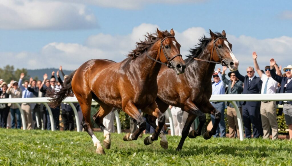 A dynamic scene of emerging racehorses, poised for victory, galloping with powerful strides across a lush green racetrack. In the foreground, two strong Thoroughbreds, one chestnut and one bay, are neck-and-neck, muscles rippling under the bright sunlight, highlighting their determination. The middle ground features a diverse crowd of spectators, capturing their excitement with hands raised in anticipation, dressed in smart casual attire. The background presents a vibrant blue sky with soft clouds and hints of distant hills, adding depth to the scene. Use natural lighting to enhance the horses' glossy coats and create a warm, energetic atmosphere. A low-angle shot emphasizes the horses' speed and power, perfectly capturing the essence of potential in this thrilling moment. A dynamic scene of emerging racehorses, poised for victory, galloping with powerful strides across a lush green racetrack. In the foreground, two strong Thoroughbreds, one chestnut and one bay, are neck-and-neck, muscles rippling under the bright sunlight, highlighting their determination. The middle ground features a diverse crowd of spectators, capturing their excitement with hands raised in anticipation, dressed in smart casual attire. The background presents a vibrant blue sky with soft clouds and hints of distant hills, adding depth to the scene. Use natural lighting to enhance the horses' glossy coats and create a warm, energetic atmosphere. A low-angle shot emphasizes the horses' speed and power, perfectly capturing the essence of potential in this thrilling moment.