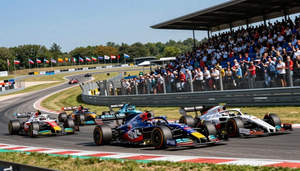 A dynamic scene of international racing showcasing various racing styles from around the world. In the foreground, diverse race cars of different designs, representing Formula 1, rally, and endurance racing, speed past the viewer, their vibrant colors gleaming under bright sunlight. In the middle ground, a racetrack winds through a scenic landscape dotted with flags from various countries, emphasizing the global nature of the event. The background features a packed grandstand filled with fans in professional and casual attire, capturing a sense of excitement and camaraderie. The atmosphere is energetic, with a clear blue sky and a hint of motion blur to convey high speed. Capture this moment from a low angle to emphasize the power and thrill of international racing. A dynamic scene of international racing showcasing various racing styles from around the world. In the foreground, diverse race cars of different designs, representing Formula 1, rally, and endurance racing, speed past the viewer, their vibrant colors gleaming under bright sunlight. In the middle ground, a racetrack winds through a scenic landscape dotted with flags from various countries, emphasizing the global nature of the event. The background features a packed grandstand filled with fans in professional and casual attire, capturing a sense of excitement and camaraderie. The atmosphere is energetic, with a clear blue sky and a hint of motion blur to convey high speed. Capture this moment from a low angle to emphasize the power and thrill of international racing.