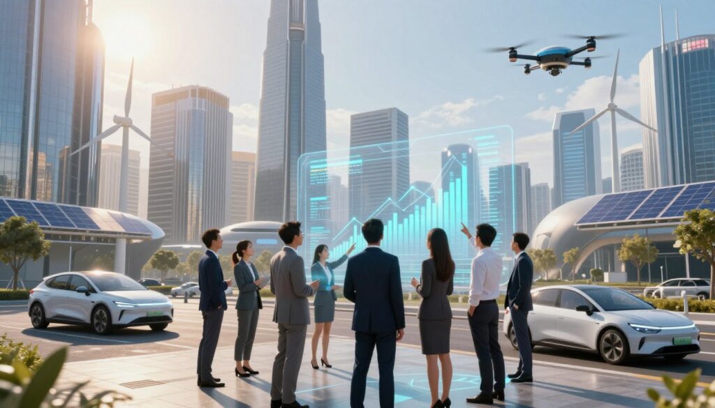 A futuristic cityscape showcasing the impact of industry, with sleek skyscrapers and advanced technology symbolizing economic growth. In the foreground, a diverse group of professionals in smart business attire engages in a discussion, pointing at digital projections of economic data on a transparent screen. In the middle ground, electric vehicles and drones traverse the bustling streets, highlighting cutting-edge transportation methods. The background features wind turbines and solar panels integrated into the architecture, representing sustainability. The scene is illuminated by soft, warm sunlight, casting dynamic shadows, while a slight lens flare adds vibrancy. The atmosphere is optimistic and forward-looking, emphasizing the theme of future business projections in a rapidly evolving economic landscape.