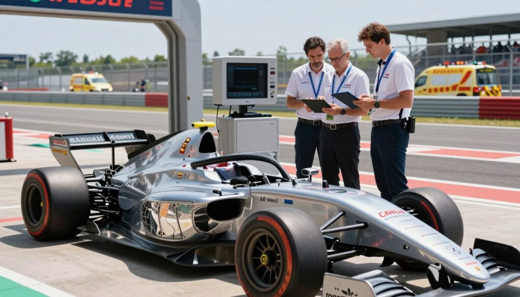 A futuristic racing circuit under bright, clear skies showcases the latest innovations in racing safety. In the foreground, a sleek race car features advanced safety technologies, including a reinforced cockpit and deployable airbags, emphasizing its state-of-the-art design. Midground elements include engineers in professional attire discussing data on tablets and safety measures, surrounded by high-tech equipment. The background displays a vibrant racetrack with safety barriers and emergency response vehicles, all meticulously designed to reflect modern safety regulations. The scene is illuminated by dynamic, natural lighting, enhancing the focus on safety innovations. The atmosphere is one of progress and collaboration, capturing the essence of industry adaptation to enhance driver security. A futuristic racing circuit under bright, clear skies showcases the latest innovations in racing safety. In the foreground, a sleek race car features advanced safety technologies, including a reinforced cockpit and deployable airbags, emphasizing its state-of-the-art design. Midground elements include engineers in professional attire discussing data on tablets and safety measures, surrounded by high-tech equipment. The background displays a vibrant racetrack with safety barriers and emergency response vehicles, all meticulously designed to reflect modern safety regulations. The scene is illuminated by dynamic, natural lighting, enhancing the focus on safety innovations. The atmosphere is one of progress and collaboration, capturing the essence of industry adaptation to enhance driver security.