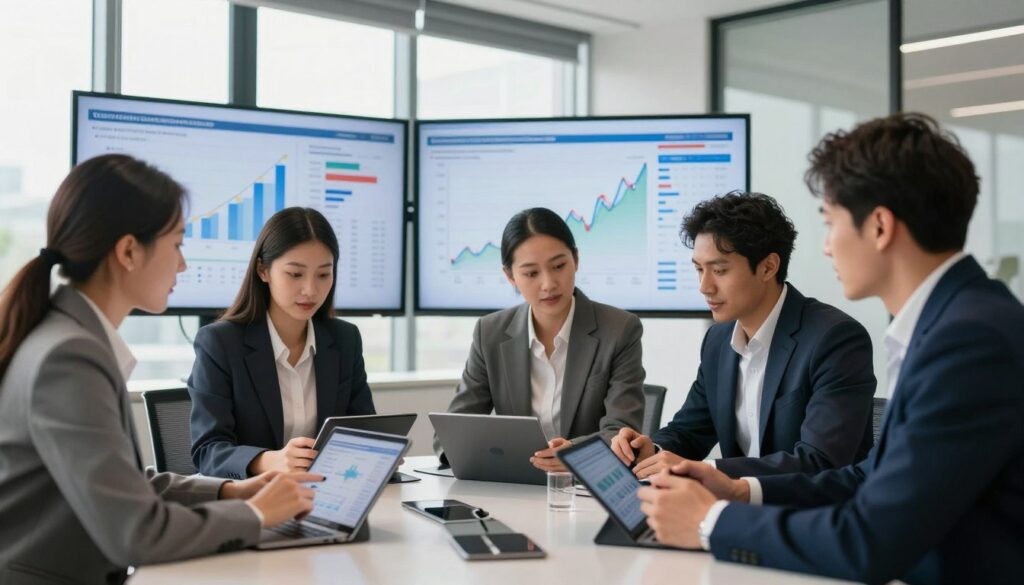A professional business meeting scene showcasing diverse business leaders engaged in discussion about the economic impact of recent races. In the foreground, a group of four individuals dressed in smart business attire—two men and two women, from various ethnic backgrounds—are gathered around a sleek conference table, analyzing data on digital tablets. In the middle ground, large screens display informative graphs and visuals related to economic trends. The background features a modern office environment with large windows allowing natural light to flood in, casting soft shadows. The atmosphere is focused and collaborative, filled with an air of innovation and optimism. The camera angle is slightly elevated, capturing the interaction and dynamic energy in the room, emphasizing teamwork and insight.