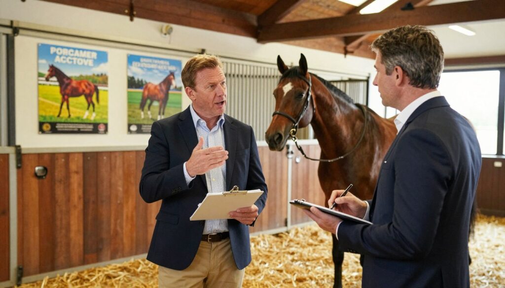 A professional horse racing trainer and an analytical sports commentator engage in an in-depth discussion in a well-lit stable environment, conveying their insights on upcoming major races. In the foreground, the trainer, dressed in a smart jacket and khakis, gestures expressively while holding a clipboard stacked with notes. Beside him, the commentator, in a tailored suit, listens intently, taking notes on a tablet. In the middle ground, vibrant racing posters adorn the stable walls, and a beautiful thoroughbred horse stands patiently in a grooming area, hinting at the importance of the conversation. The background features organic textures of wooden stable beams and soft straw bedding, with warm, natural light filtering in from a nearby window, creating a focused yet inviting atmosphere. The overall mood reflects professionalism and anticipation, showcasing the blend of experience and passion in horse racing.
