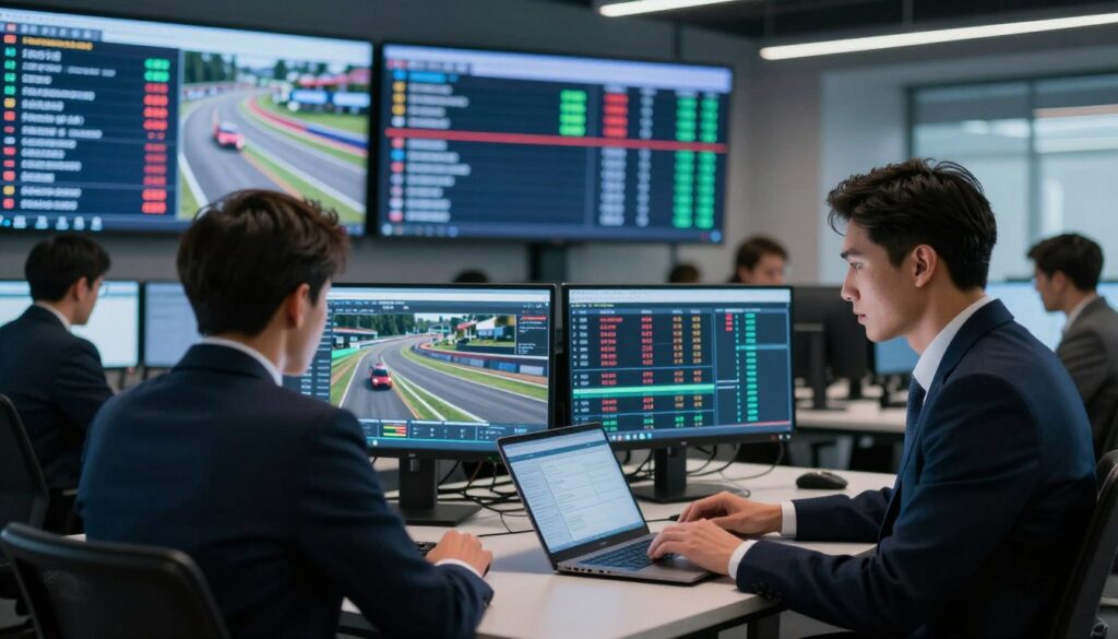 A sleek, modern newsroom filled with large digital screens displaying live race updates. In the foreground, a focused professional in business attire analyzes data on a laptop, the glow of the screen illuminating their intent expression. In the middle, high-resolution monitors showcase dynamic graphics of upcoming and ongoing race outcomes, with vibrant colors signaling different results and positions. The background features a blurred view of colleagues engaging in discussions, contributing to a collaborative yet urgent atmosphere. Soft, diffused lighting casts a glow that enhances the excitement in the air, emphasizing the immediacy of the updates. The overall mood is one of focused anticipation and energy, reflecting the critical nature of real-time racing information. A sleek, modern newsroom filled with large digital screens displaying live race updates. In the foreground, a focused professional in business attire analyzes data on a laptop, the glow of the screen illuminating their intent expression. In the middle, high-resolution monitors showcase dynamic graphics of upcoming and ongoing race outcomes, with vibrant colors signaling different results and positions. The background features a blurred view of colleagues engaging in discussions, contributing to a collaborative yet urgent atmosphere. Soft, diffused lighting casts a glow that enhances the excitement in the air, emphasizing the immediacy of the updates. The overall mood is one of focused anticipation and energy, reflecting the critical nature of real-time racing information.