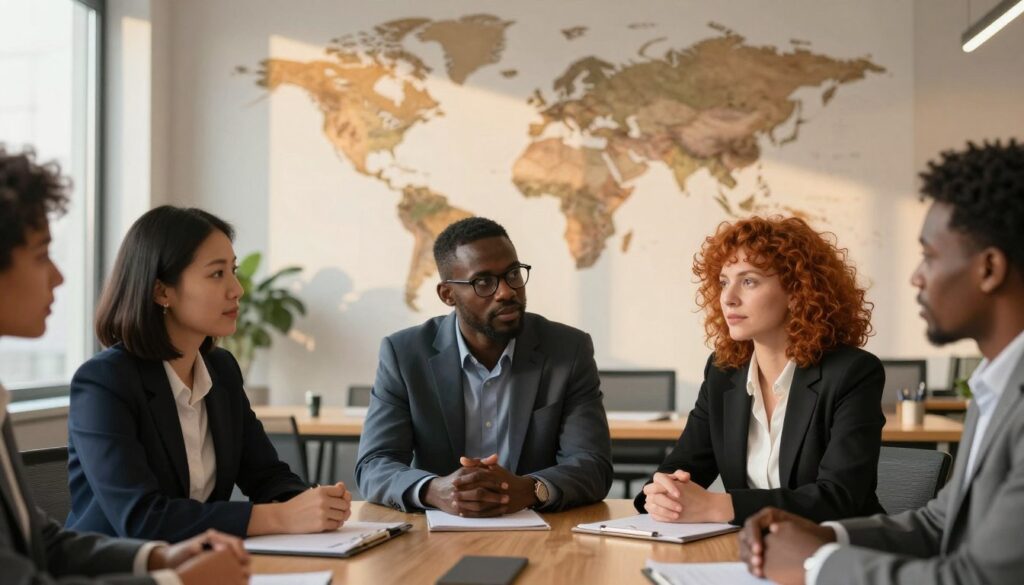 A vibrant and dynamic scene capturing a diverse group of international figures engaged in a thoughtful discussion at a round table, symbolizing global collaboration. In the foreground, showcase three professional individuals dressed in business attire: an Asian woman with short black hair, an African man with glasses, and a Caucasian woman with curly red hair, all intently listening to one another. In the middle ground, add a backdrop of a large world map on the wall, illuminated by soft, warm lighting to create an inviting atmosphere. The background features a modern office setting, with large windows allowing natural daylight to filter through, casting gentle shadows. The overall mood is one of unity, collaboration, and a shared vision for global progress, evoking a sense of purpose and professionalism. A vibrant and dynamic scene capturing a diverse group of international figures engaged in a thoughtful discussion at a round table, symbolizing global collaboration. In the foreground, showcase three professional individuals dressed in business attire: an Asian woman with short black hair, an African man with glasses, and a Caucasian woman with curly red hair, all intently listening to one another. In the middle ground, add a backdrop of a large world map on the wall, illuminated by soft, warm lighting to create an inviting atmosphere. The background features a modern office setting, with large windows allowing natural daylight to filter through, casting gentle shadows. The overall mood is one of unity, collaboration, and a shared vision for global progress, evoking a sense of purpose and professionalism.