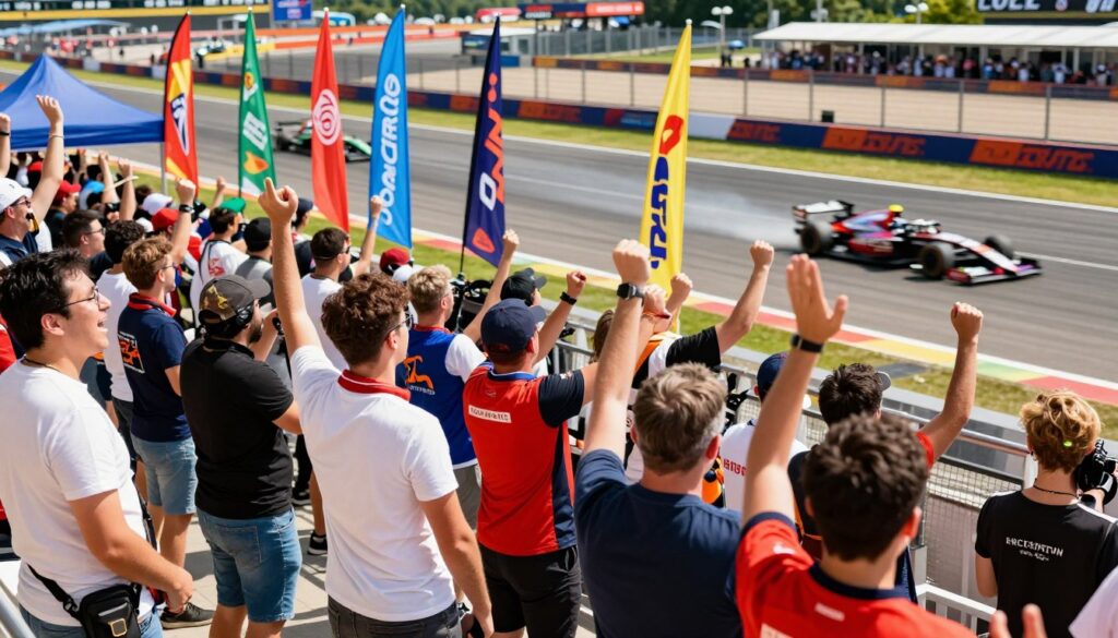 A vibrant scene capturing fan reactions during a thrilling race at a motorsport event. In the foreground, diverse fans of various ages, dressed in casual racing attire, display a range of emotions—excitement, anticipation, and joy, with arms raised and cheering. The middle ground shows a dynamic assortment of colorful flags, banners, and merchandise, indicating their support for different teams. In the background, blurred racing cars speed by on the track, with streaks of motion suggesting high velocity. The lighting is bright and lively, with sunlight illuminating the scene and casting dynamic shadows. The angle is slightly elevated, giving a panoramic view that conveys the energy of the event. The atmosphere is electric, filled with the infectious enthusiasm of the crowd, embodying the essence of racing culture. A vibrant scene capturing fan reactions during a thrilling race at a motorsport event. In the foreground, diverse fans of various ages, dressed in casual racing attire, display a range of emotions—excitement, anticipation, and joy, with arms raised and cheering. The middle ground shows a dynamic assortment of colorful flags, banners, and merchandise, indicating their support for different teams. In the background, blurred racing cars speed by on the track, with streaks of motion suggesting high velocity. The lighting is bright and lively, with sunlight illuminating the scene and casting dynamic shadows. The angle is slightly elevated, giving a panoramic view that conveys the energy of the event. The atmosphere is electric, filled with the infectious enthusiasm of the crowd, embodying the essence of racing culture.