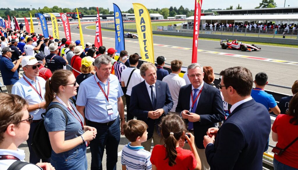 A vibrant scene depicting community engagement at a recent racing event. In the foreground, a diverse group of enthusiastic race fans, dressed in professional business attire and modest casual clothing, passionately discuss and share their experiences. Their expressions reflect a mix of excitement, nostalgia, and camaraderie. In the middle ground, colorful banners and flags wave, representing various racing teams, while children and families enjoy the event together. In the background, a lively racetrack is visible, filled with cars speeding by and crowds cheering. The lighting is bright and vibrant, suggesting a sunny day, capturing the exhilarating atmosphere. Use a wide-angle lens for a dynamic perspective, emphasizing the unity and cultural significance of the racing community. The overall mood is joyful and inspiring, showcasing the emotional impact these races have on fans. A vibrant scene depicting community engagement at a recent racing event. In the foreground, a diverse group of enthusiastic race fans, dressed in professional business attire and modest casual clothing, passionately discuss and share their experiences. Their expressions reflect a mix of excitement, nostalgia, and camaraderie. In the middle ground, colorful banners and flags wave, representing various racing teams, while children and families enjoy the event together. In the background, a lively racetrack is visible, filled with cars speeding by and crowds cheering. The lighting is bright and vibrant, suggesting a sunny day, capturing the exhilarating atmosphere. Use a wide-angle lens for a dynamic perspective, emphasizing the unity and cultural significance of the racing community. The overall mood is joyful and inspiring, showcasing the emotional impact these races have on fans.