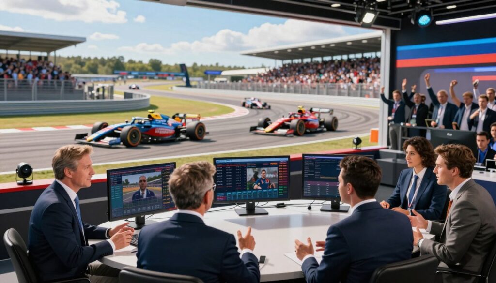 A visually engaging composition depicting a dynamic and vibrant race preview scene. In the foreground, a diverse group of professional analysts in smart business attire, engaged in animated discussion and gesturing, surrounded by high-tech screens displaying race statistics and live feeds of contenders. The middle ground features sleek race cars positioned on a racetrack, polished and ready for action, while a cheering crowd in the background is blurred slightly, enhancing the focus on the experts. The sky above is a bright blue, with sunny lighting casting dynamic shadows, evoking a mood of excitement and anticipation. The image should be wide-angled to capture the energy of the event, emphasizing both the foreboding race and the anticipation in the air.