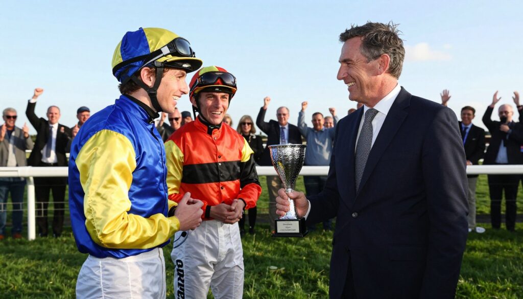 A warm and inviting scene capturing a moment of celebration and reflection with winning jockeys and trainers in a racetrack setting. In the foreground, two jubilant jockeys, dressed in colorful racing silks and caps, share an enthusiastic conversation, their faces glowing with joy. Beside them, a trainer in a smart, professional outfit, showing a proud smile, holds a sparkling trophy. The middle layer features a blurred crowd of excited fans in the background, celebrating the recent race. Lush green grass of the track frames the scene, while a clear blue sky adds brightness. The lighting is soft and natural, suggesting late afternoon, enhancing the festive atmosphere. The camera angle is slightly low, emphasizing the jubilant expressions and the ambiance of victory. A warm and inviting scene capturing a moment of celebration and reflection with winning jockeys and trainers in a racetrack setting. In the foreground, two jubilant jockeys, dressed in colorful racing silks and caps, share an enthusiastic conversation, their faces glowing with joy. Beside them, a trainer in a smart, professional outfit, showing a proud smile, holds a sparkling trophy. The middle layer features a blurred crowd of excited fans in the background, celebrating the recent race. Lush green grass of the track frames the scene, while a clear blue sky adds brightness. The lighting is soft and natural, suggesting late afternoon, enhancing the festive atmosphere. The camera angle is slightly low, emphasizing the jubilant expressions and the ambiance of victory.