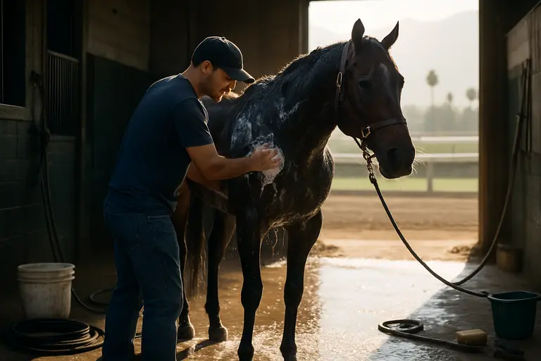 A harness horse trains under lights while Thoroughbreds work on a sunlit track