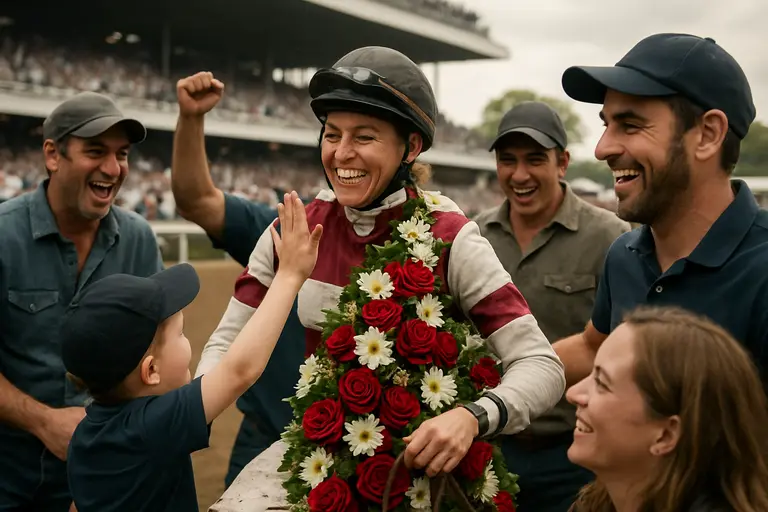 A jockey guides a bay filly after a major turf victory