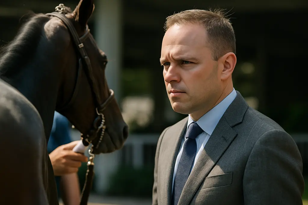 Chad Brown Momentum scene with racehorses training on a dirt track at dawn