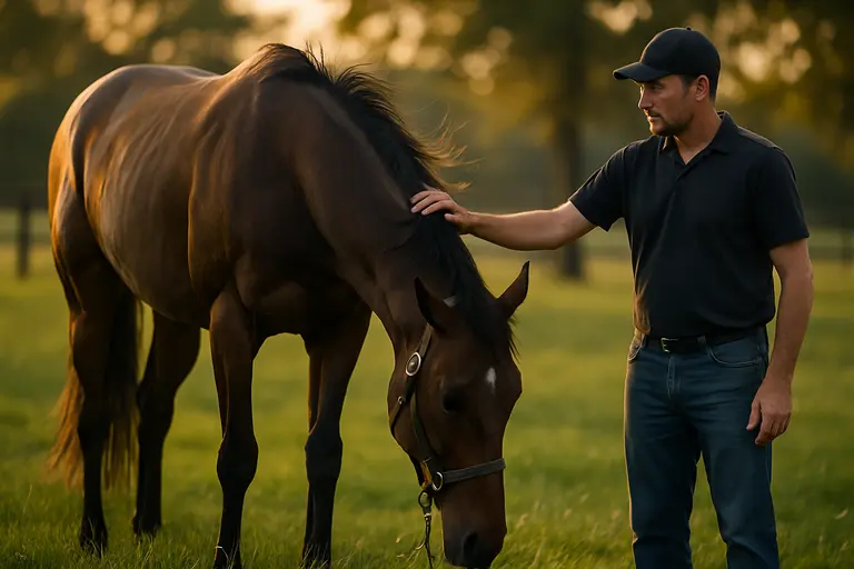 Classic racehorse walking back after a major stakes race.