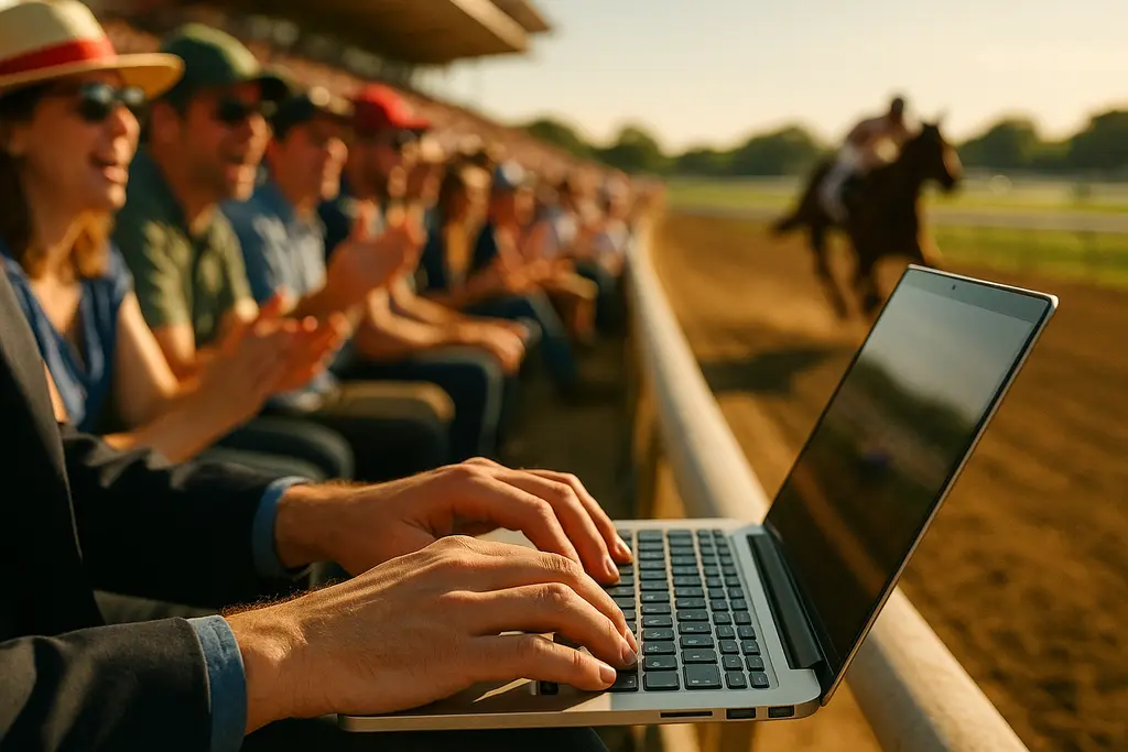 Journalism comeback scene with a racehorse rallying on Del Mar dirt.