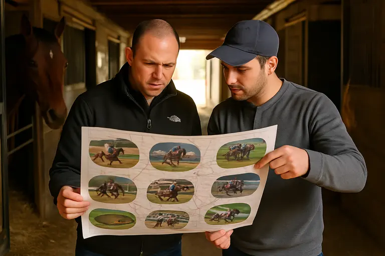Trainer and jockey discussing tactics beside the paddock rail
