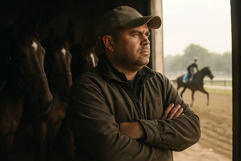 Trainer observing a racehorse walking in the saddling area before a stakes race